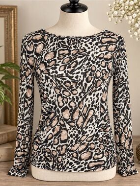 BCBGMAXAZRIA Sheer Cheetah Print Long Sleeve Top